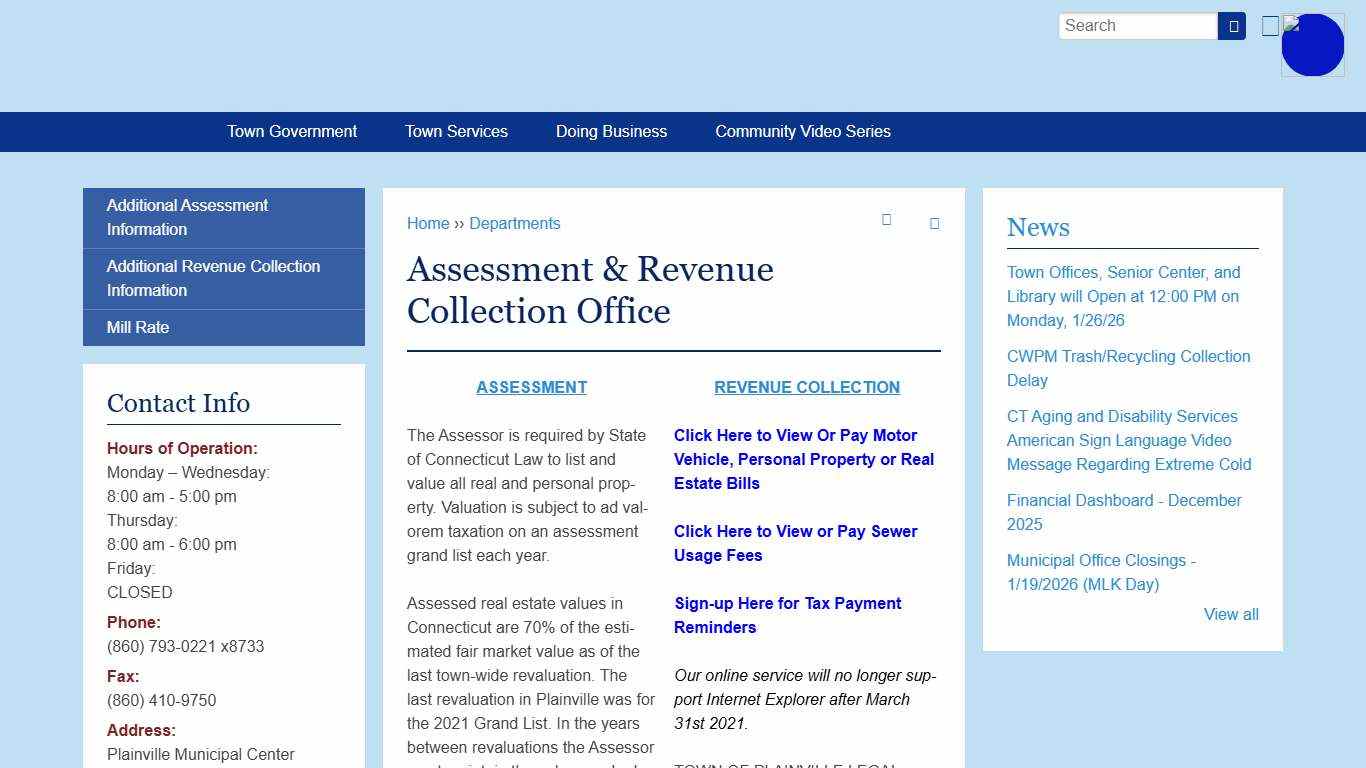Assessment & Revenue Collection Office Town of Plainville CT